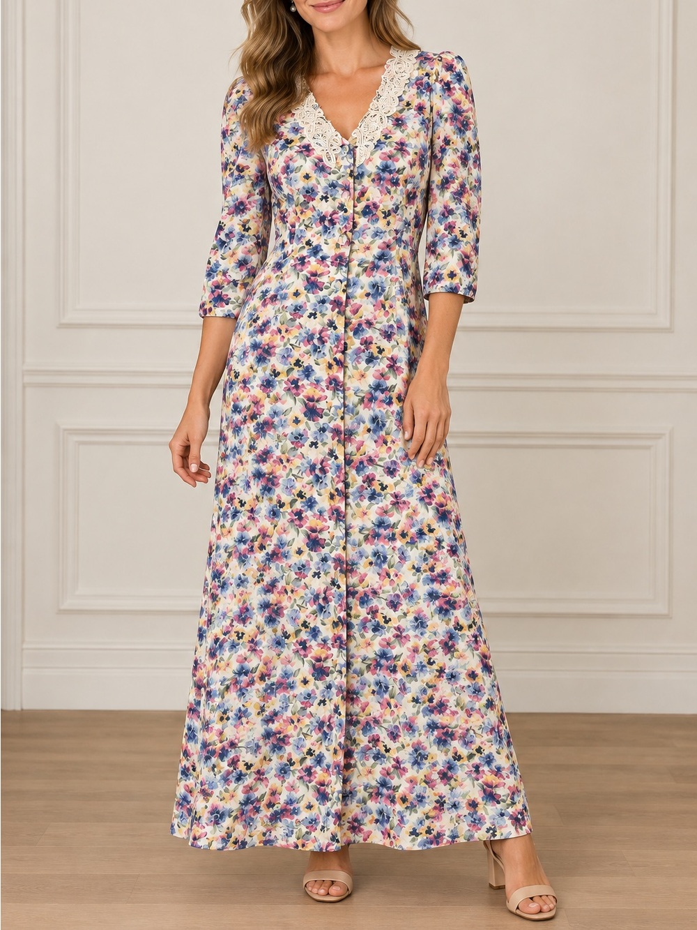 Lace-Trim V-Neck Floral Maxi Dress in Cream Multi